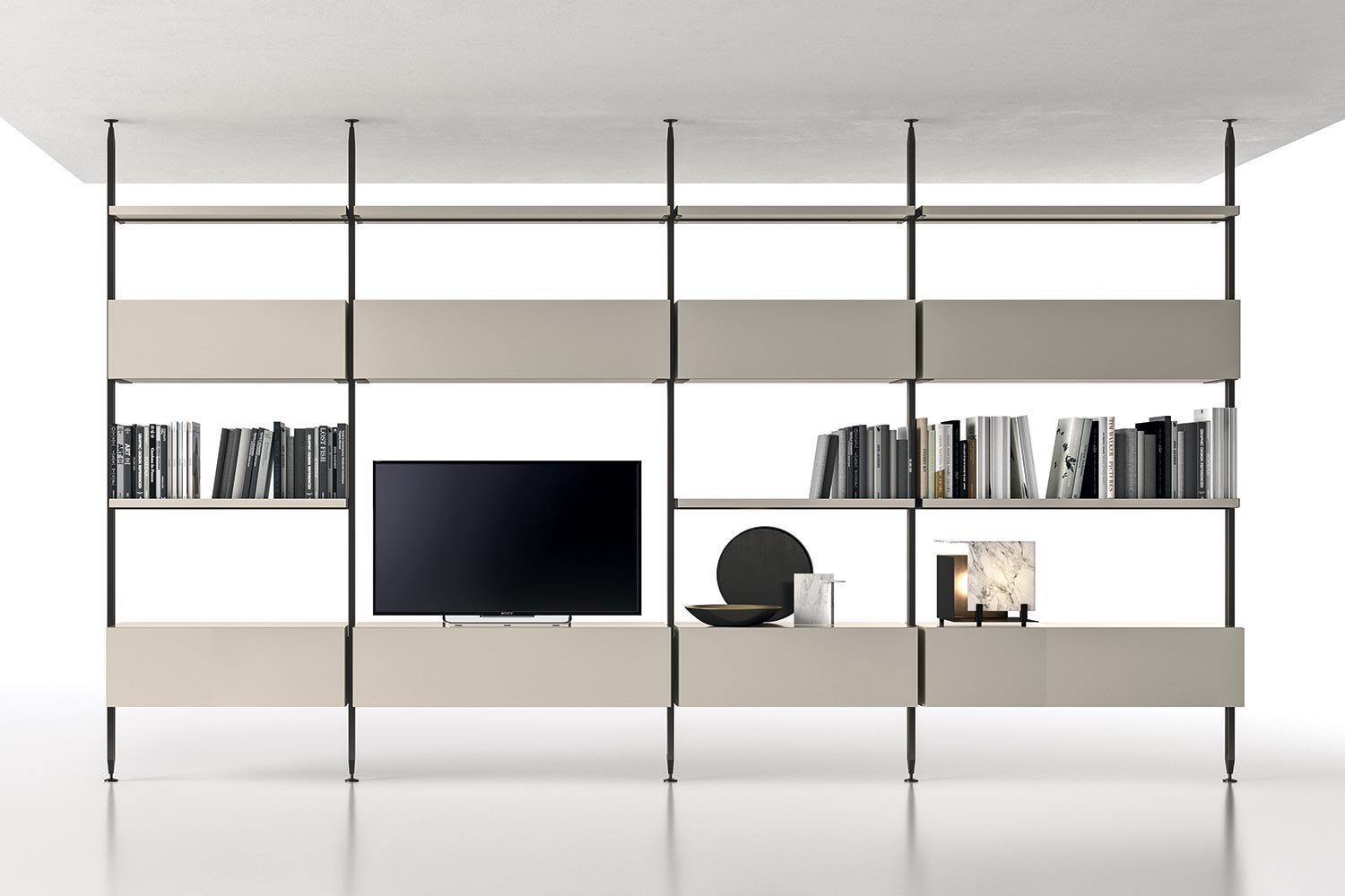 Libreria a soffitto bifacciale componibile a pali con ripiani, cassetti e porta tv